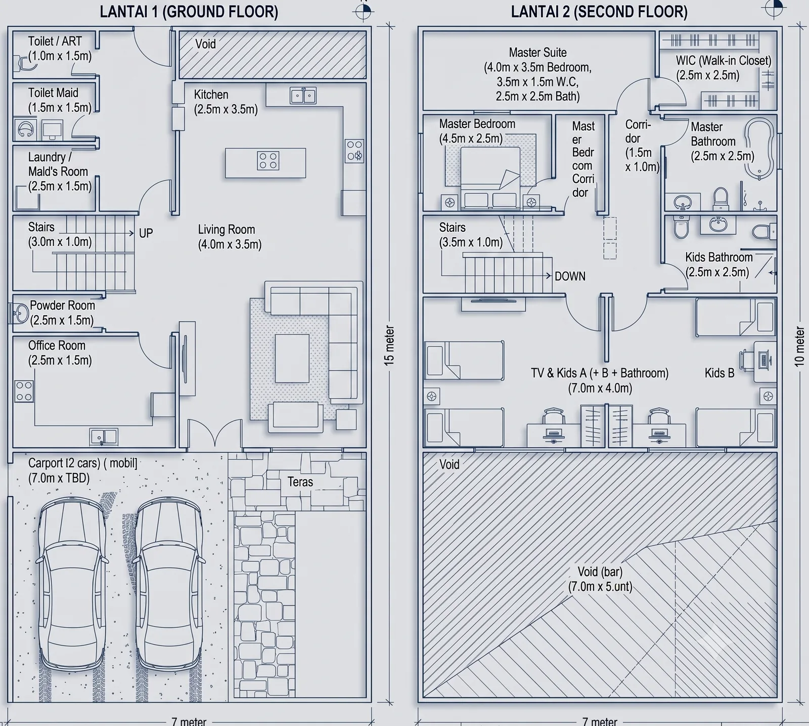 Denah arsitektur Lantai 1 dan Lantai 2 rumah Yarra E6/17 dengan dimensi tiap ruangan